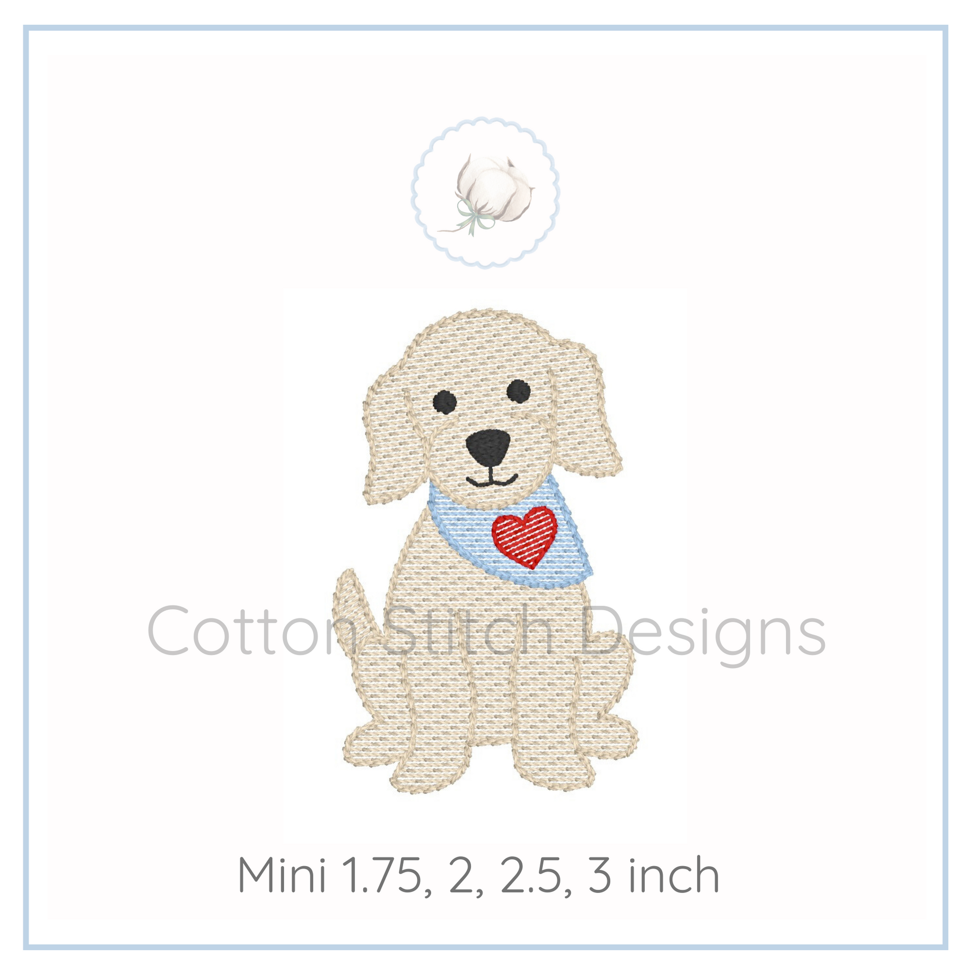 Machine Embroidery design Cotton Stitch Designs Embroidered design of a dog with a heart on a white background, featuring the brand 'Cotton Stitch Designs'.