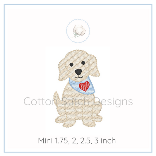 Machine Embroidery design Cotton Stitch Designs Embroidered design of a dog with a heart on a white background, featuring the brand 'Cotton Stitch Designs'.