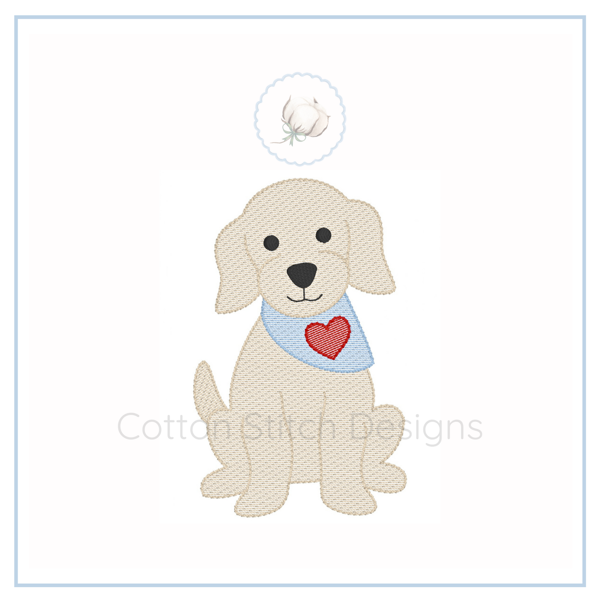 Machine Embroidery design Cotton Stitch Designs Embroidered design of a dog with a heart on a white background, featuring the brand 'Cotton Stitch Designs'.