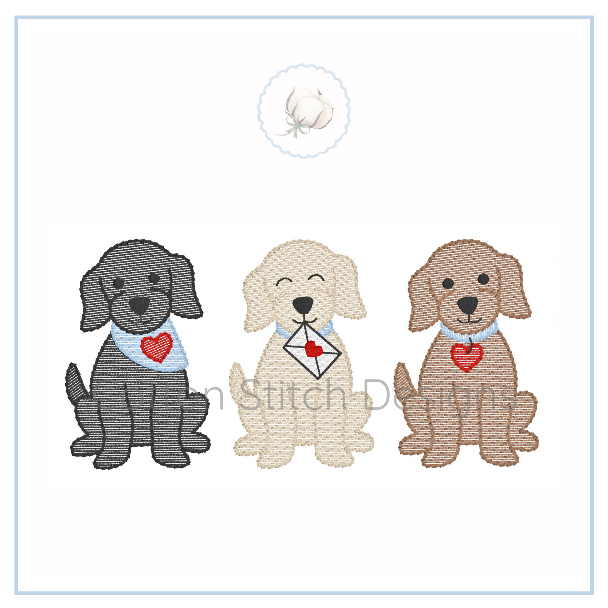 Machine Embroidery design Cotton Stitch Designs Three cartoon dogs with different colored coats and accessories on a white background