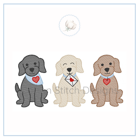 Machine Embroidery design Cotton Stitch Designs Three cartoon dogs with different colored coats and accessories on a white background
