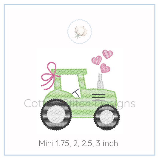 Machine Embroidery design Cotton Stitch Designs Embroidery design of a green tractor with pink hearts on a white background.