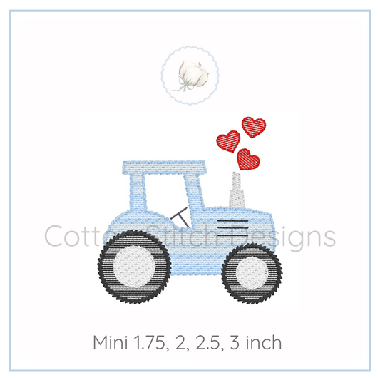 Machine Embroidery design Cotton Stitch Designs Embroidery design of a blue tractor with red hearts on a white background, featuring the brand 'Cotton Stitch Designs'.