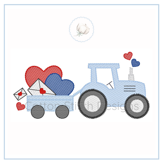 Machine Embroidery design Cotton Stitch Designs Embroidered design of a blue tractor with hearts and envelopes on a white background
