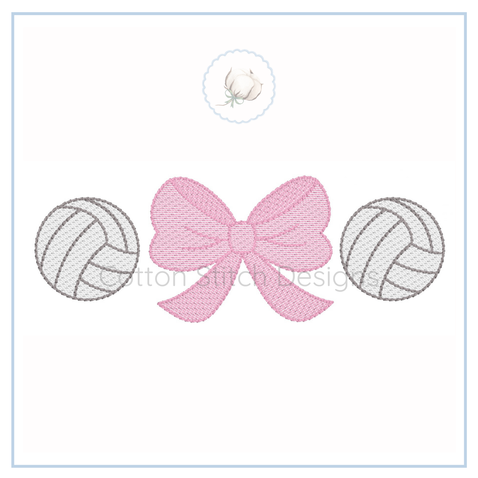 Machine Embroidery design Cotton Stitch Designs Embroidered design of a pink bow with two gray volleyball patterns on a white background.