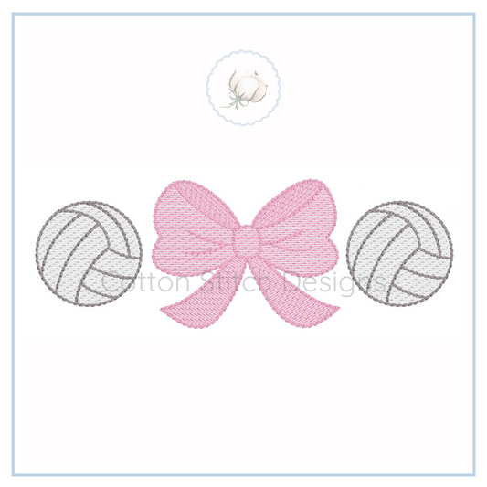 Machine Embroidery design Cotton Stitch Designs Embroidered design of a pink bow with two gray volleyball patterns on a white background.