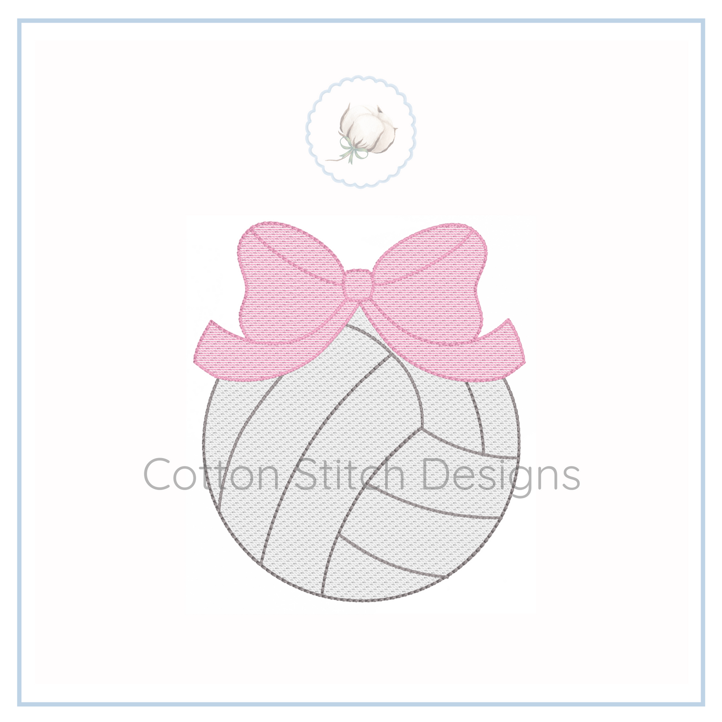 Machine Embroidery design Cotton Stitch Designs Embroidery design of a volleyball with a pink bow on a white background, featuring the brand 'Cotton Stitch Designs'.