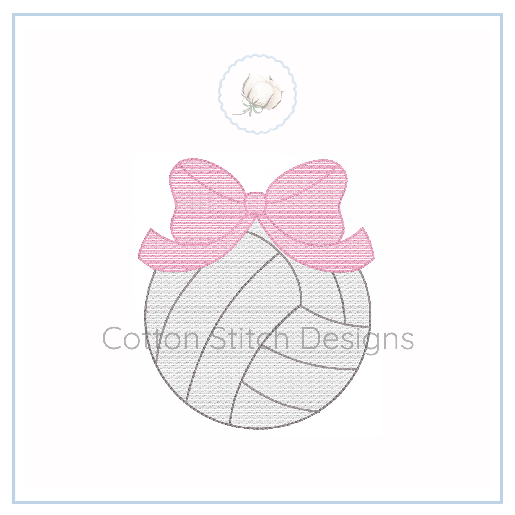 Machine Embroidery design Cotton Stitch Designs Embroidery design of a volleyball with a pink bow on a white background, featuring the brand 'Cotton Stitch Designs'.