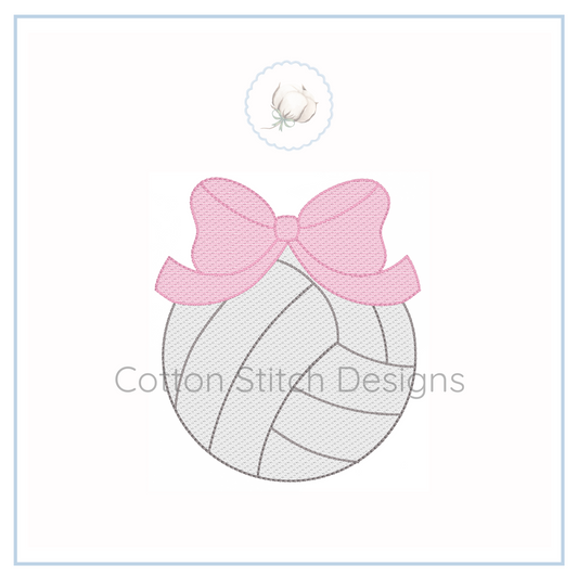 Machine Embroidery design Cotton Stitch Designs Embroidery design of a volleyball with a pink bow on a white background, featuring the brand 'Cotton Stitch Designs'.