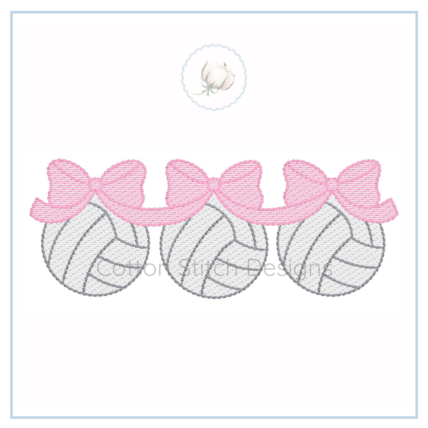 Machine Embroidery design Cotton Stitch Designs Embroidered design of three volleyballs with pink bows on a white background