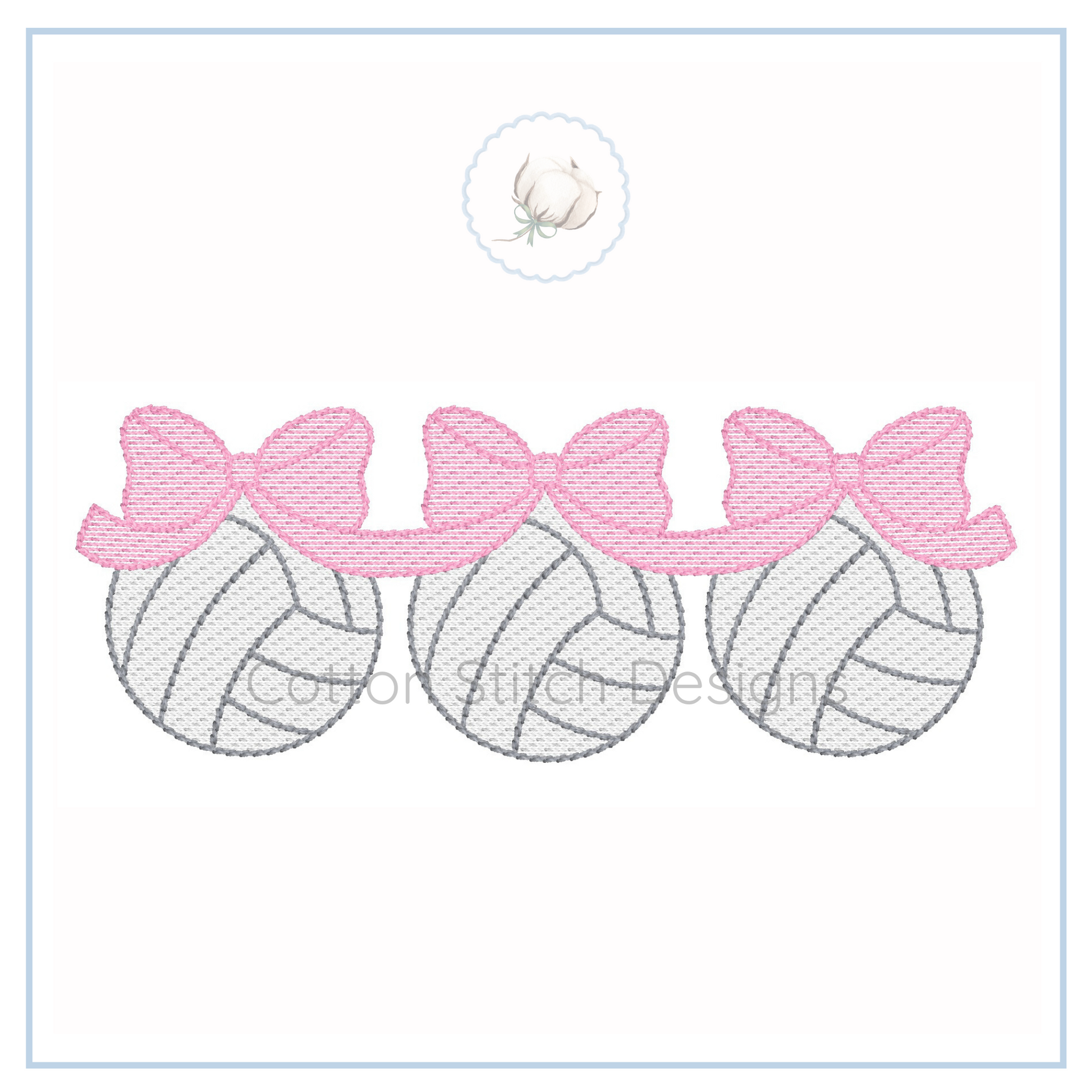 Machine Embroidery design Cotton Stitch Designs Embroidered design of three volleyballs with pink bows on a white background