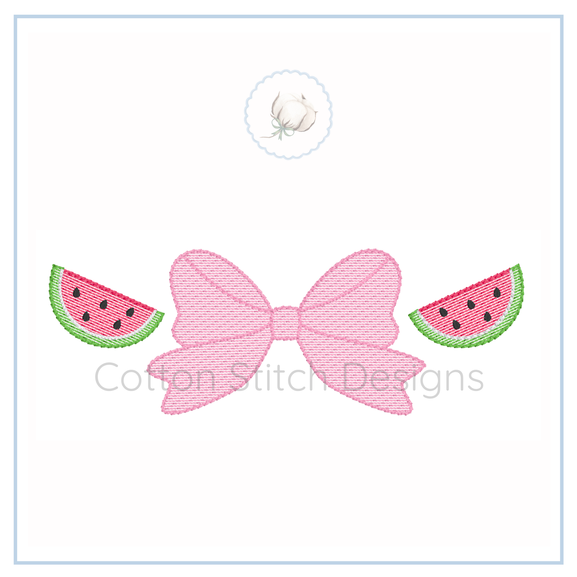 Machine Embroidery design Cotton Stitch Designs Embroidered design of a pink bow with watermelon slices on a white background, branded 'Cotton Stitch Designs'.