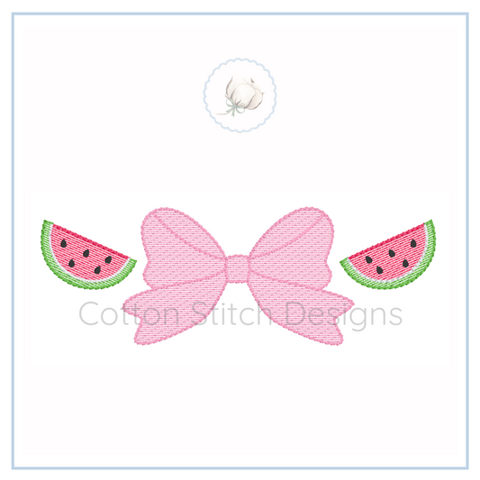Machine Embroidery design Cotton Stitch Designs Embroidered design of a pink bow with watermelon slices on a white background, branded 'Cotton Stitch Designs'.