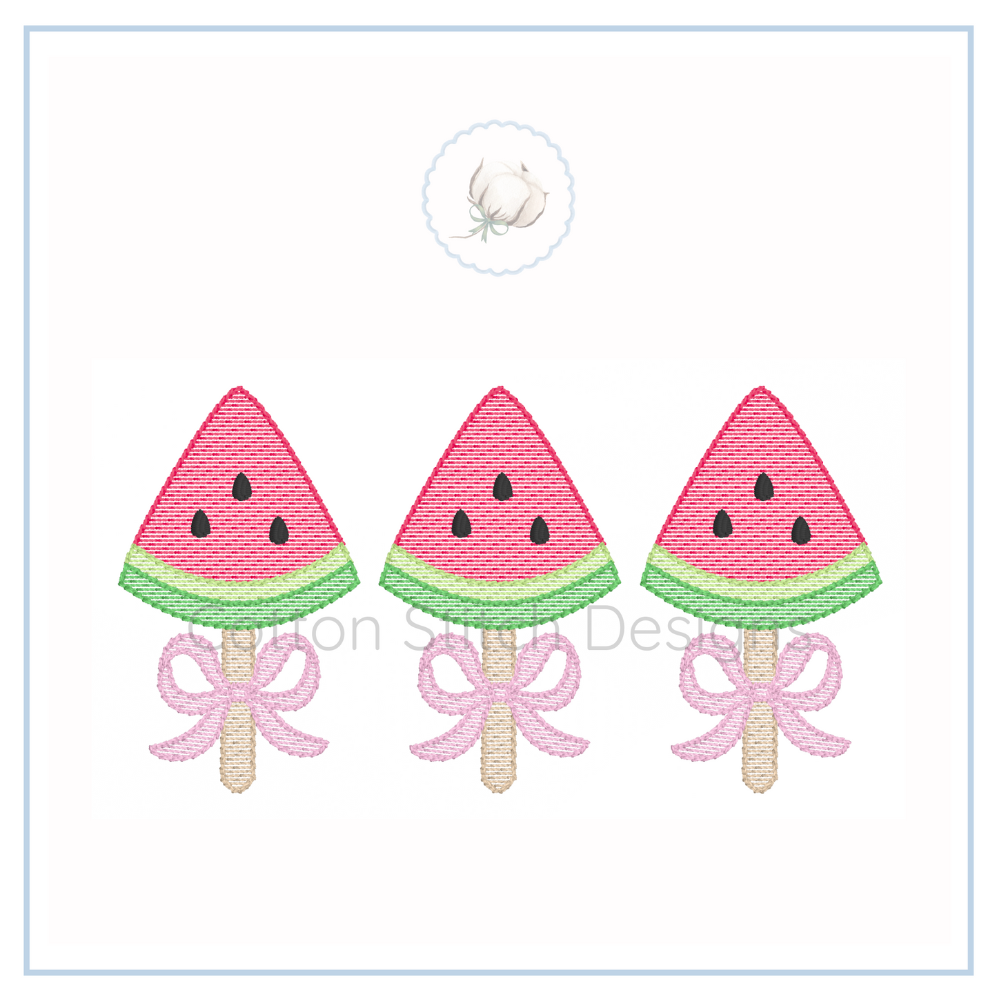 Machine Embroidery design Cotton Stitch Designs Three watermelon slice ice cream pops with pink bows on a white background