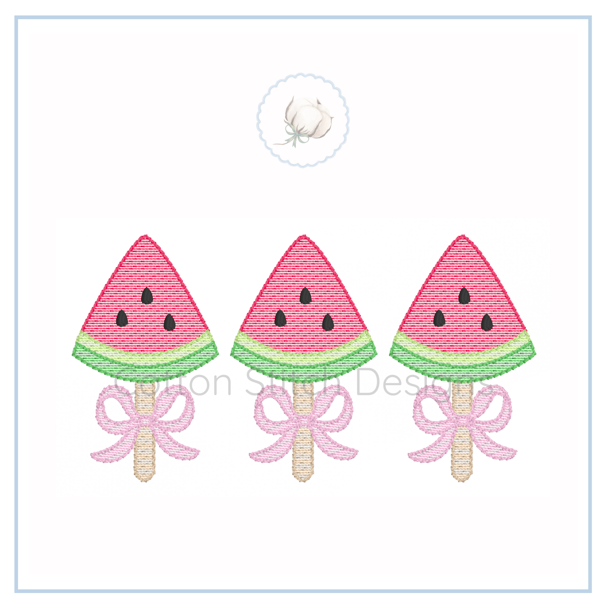 Machine Embroidery design Cotton Stitch Designs Three watermelon slice ice cream pops with pink bows on a white background
