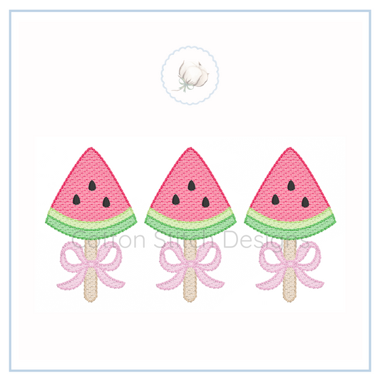 Machine Embroidery design Cotton Stitch Designs Three watermelon slice ice cream pops with pink bows on a white background