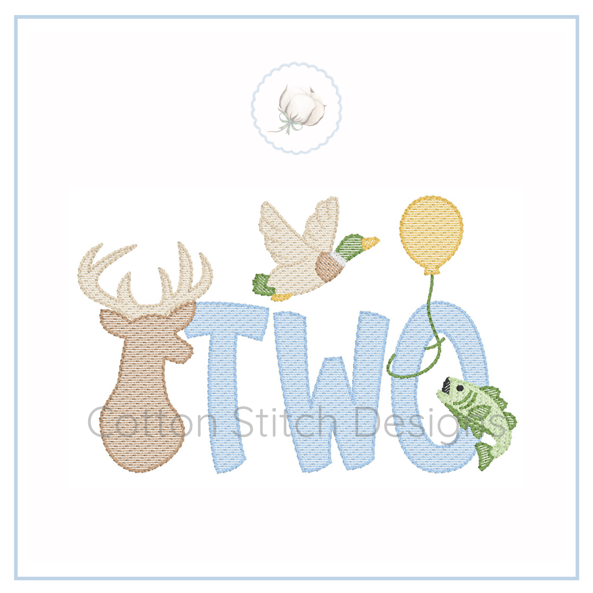 Machine Embroidery design Cotton Stitch Designs Embroidery design with deer head, butterfly, balloon, and fish on a white background with 'Cotton Stitch Designs' branding.