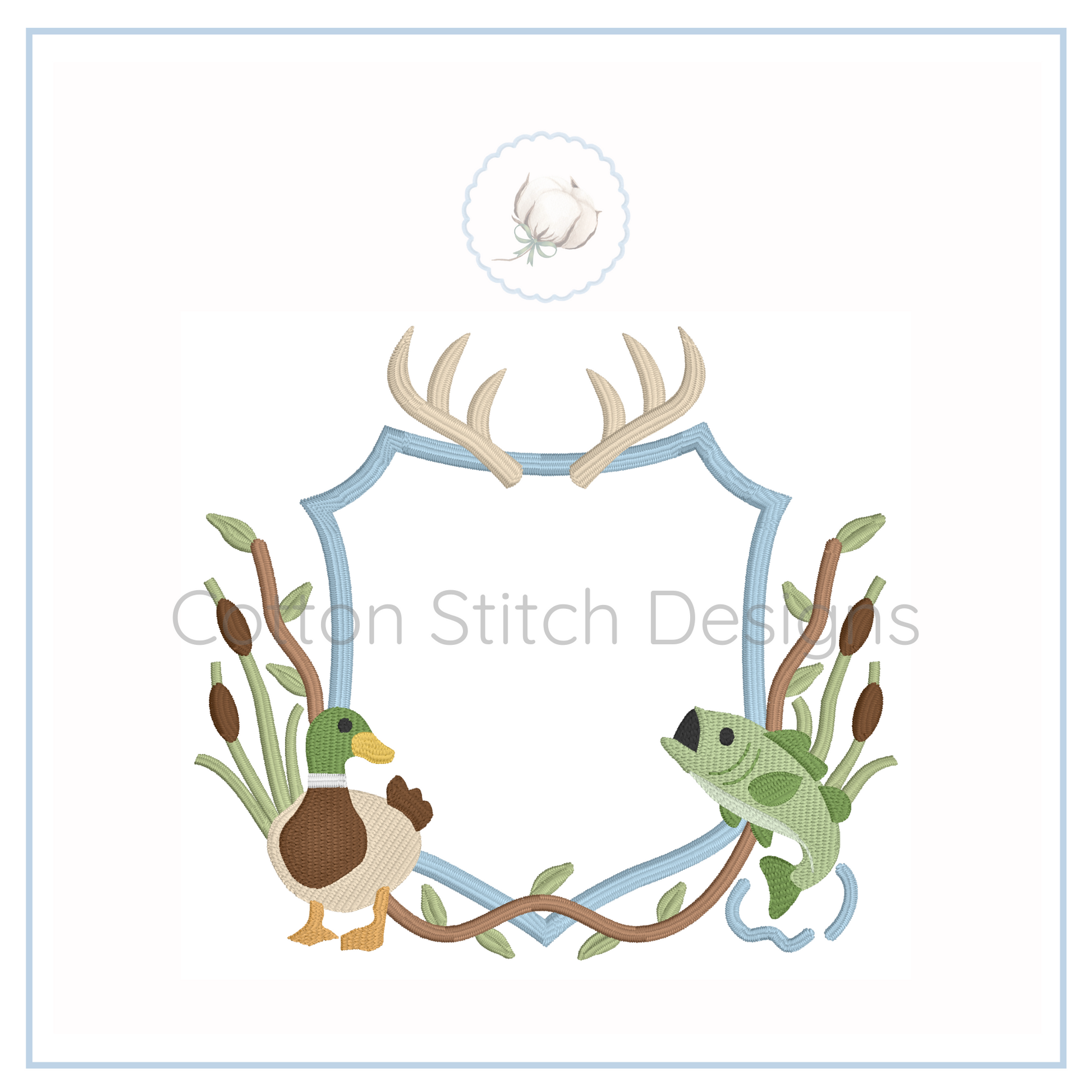Machine Embroidery design Cotton Stitch Designs Embroidery design crest with a duck, fish, and antlers on a shield shape with plants.