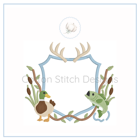 Machine Embroidery design Cotton Stitch Designs Embroidery design crest with a duck, fish, and antlers on a shield shape with plants.