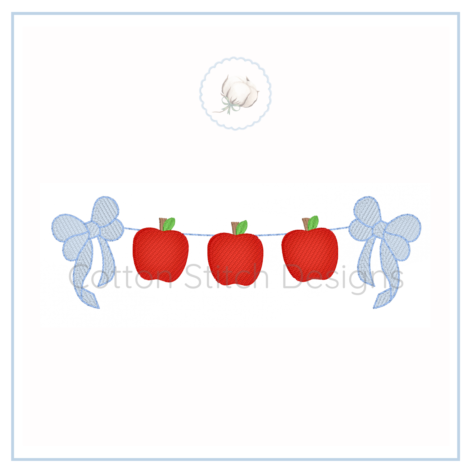Machine Embroidery design Cotton Stitch Designs Design of red apples with green leaves and blue ribbons on a white background
