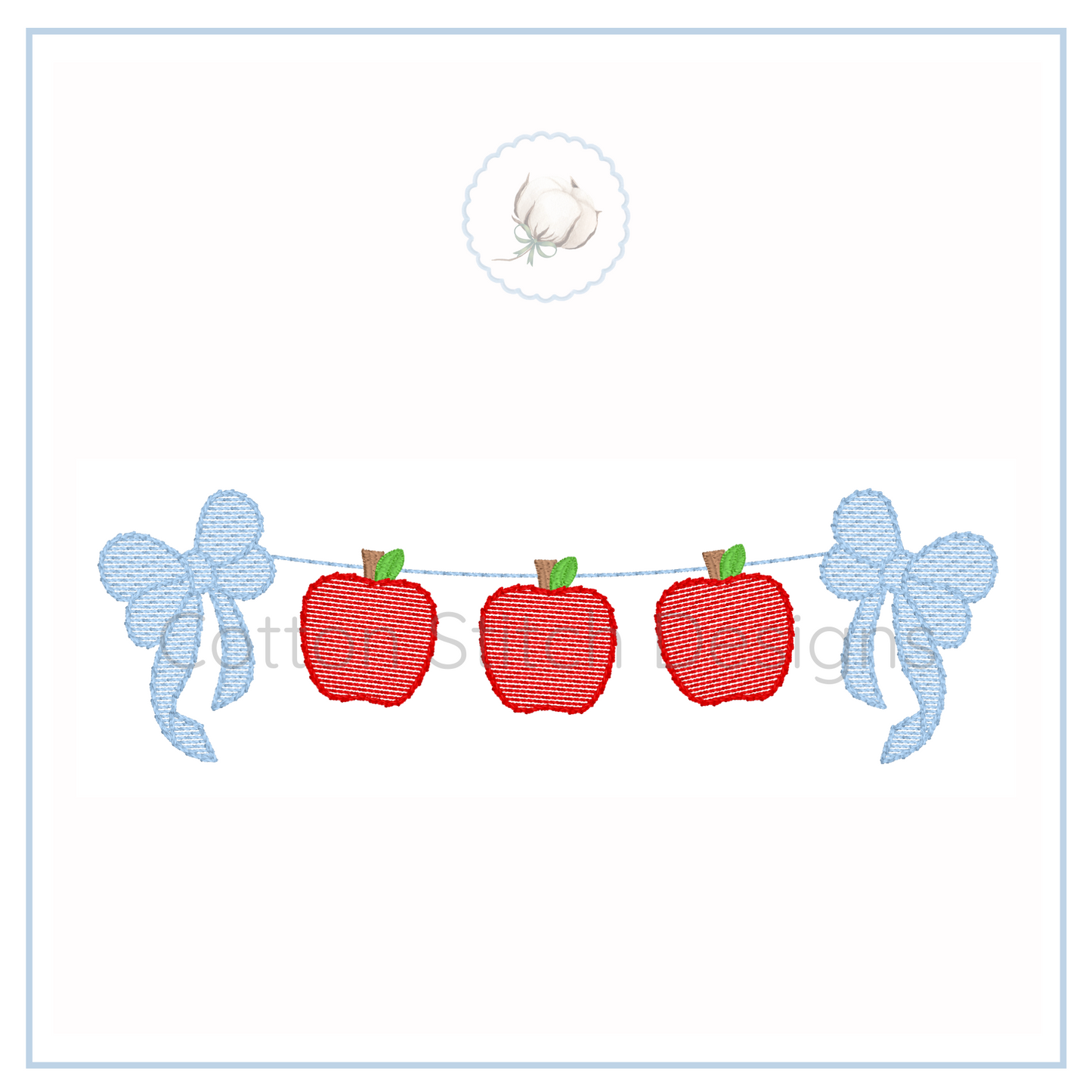 Machine Embroidery design Cotton Stitch Designs Embroidered design of three red apples with green stems and blue bows on a white background.