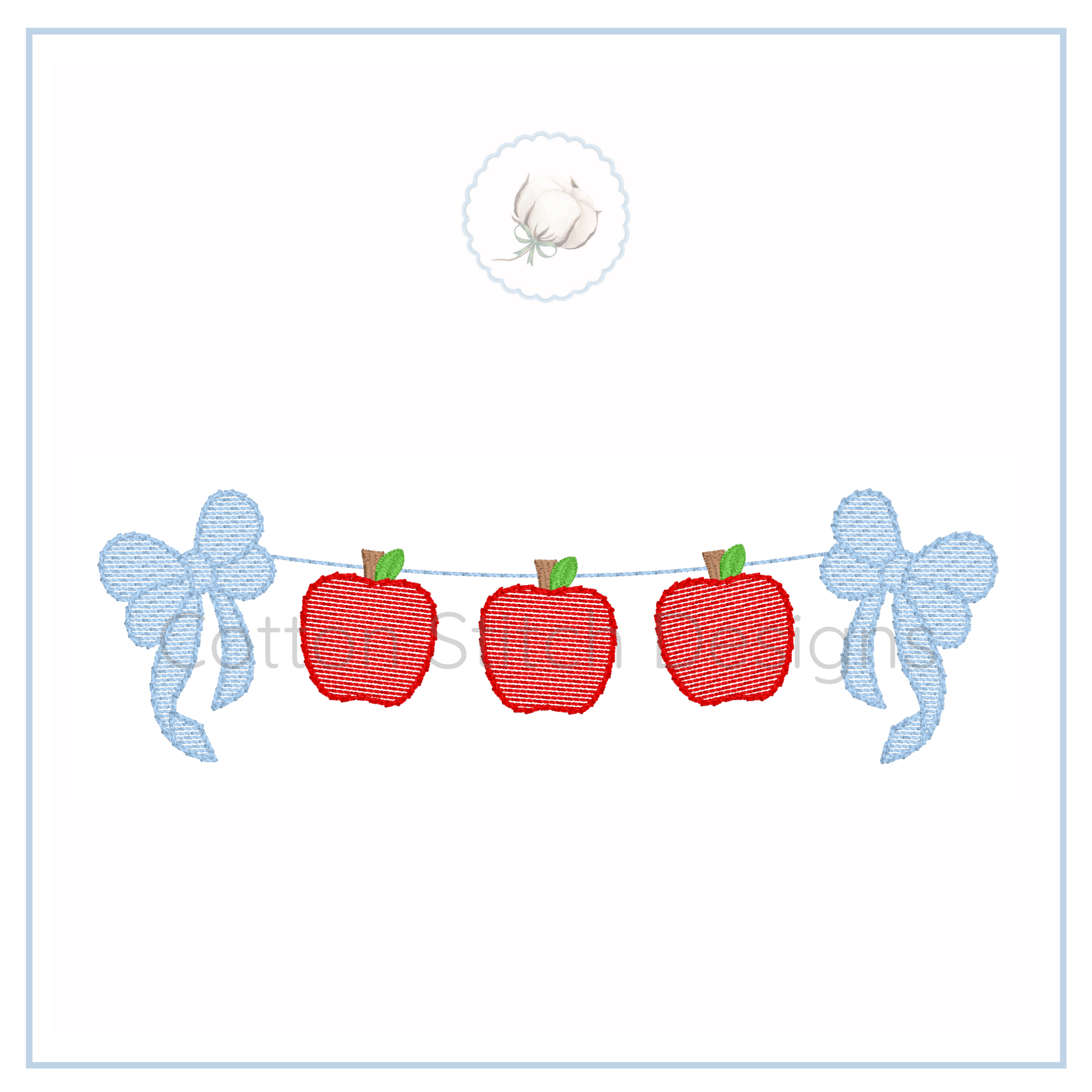 Machine Embroidery design Cotton Stitch Designs Embroidered design of three red apples with green stems and blue bows on a white background.