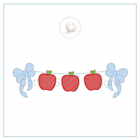 Machine Embroidery design Cotton Stitch Designs Embroidered design of three red apples with green stems and blue bows on a white background.