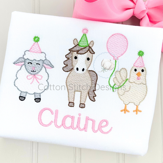 Machine Embroidery design Cotton Stitch Designs sheep, horse, and chicken with party hats and balloons.