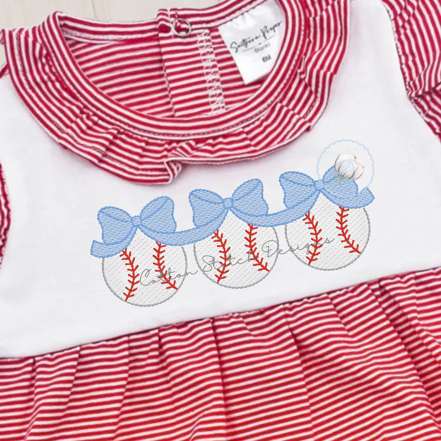 Baseball Bow Trio Sketch Embroidery Design