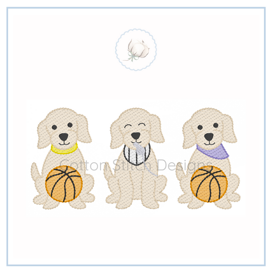Machine Embroidery design Cotton Stitch Designs Three cartoon dogs with basketballs on a white background