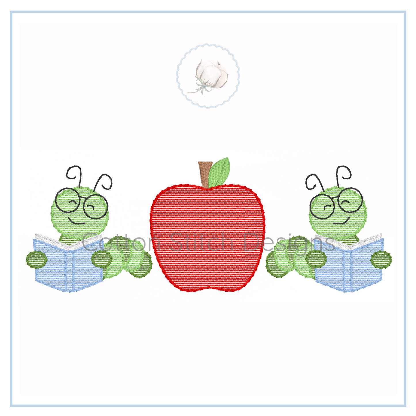 Machine Embroidery design Cotton Stitch Designs Embroidery design of two green caterpillars reading books with a red apple in the center.