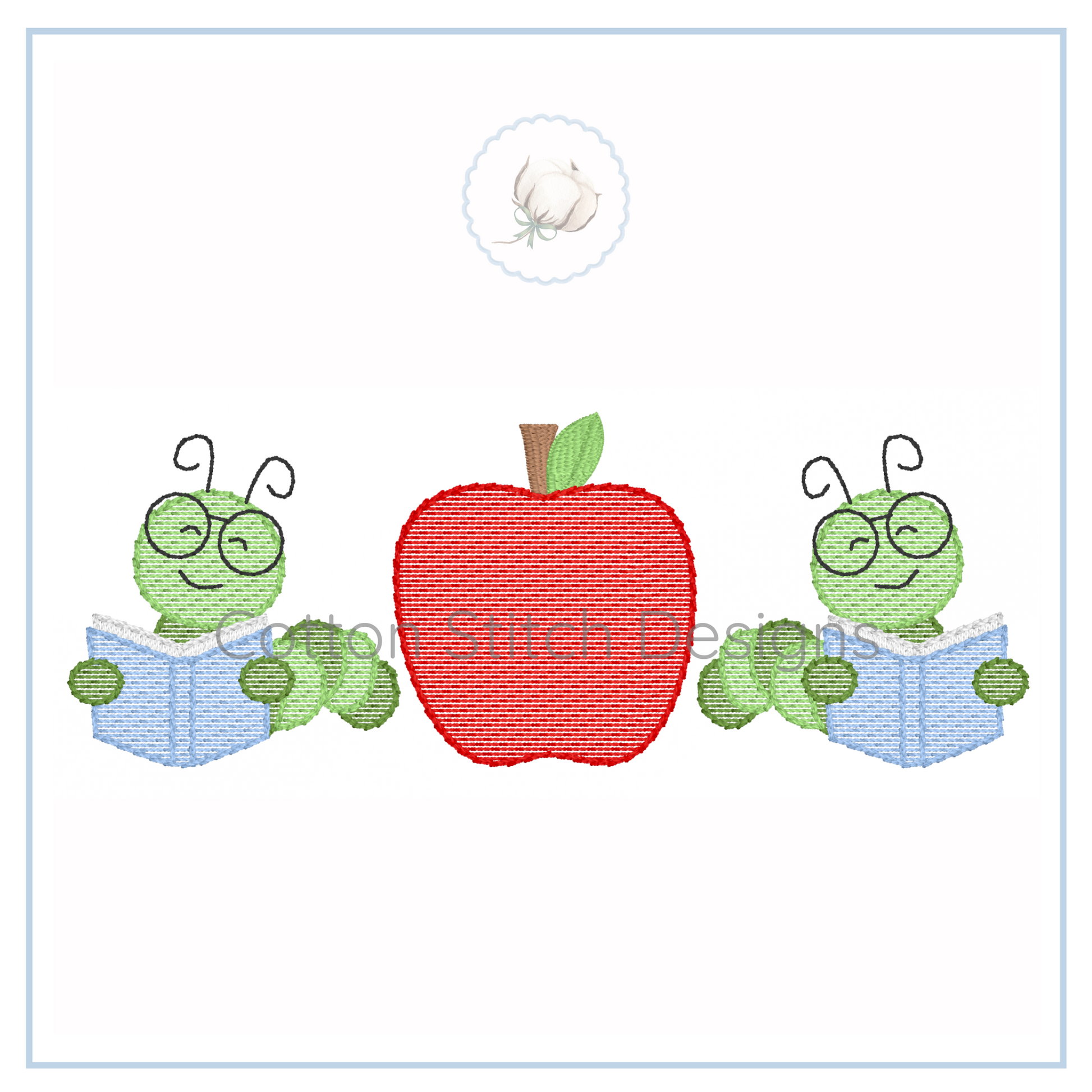 Machine Embroidery design Cotton Stitch Designs Embroidery design of two green caterpillars reading books with a red apple in the center.