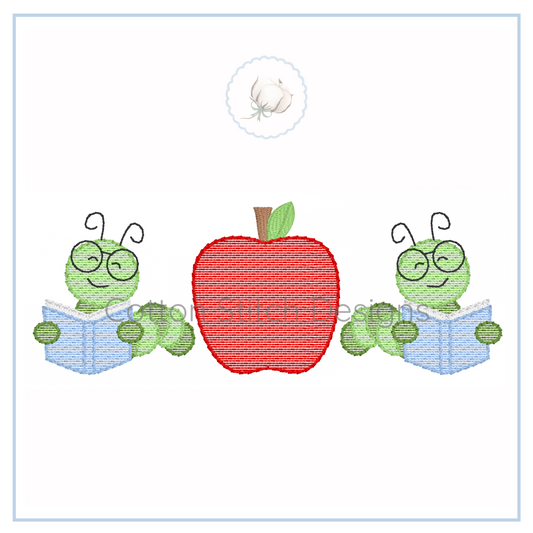 Machine Embroidery design Cotton Stitch Designs Embroidery design of two green caterpillars reading books with a red apple in the center.