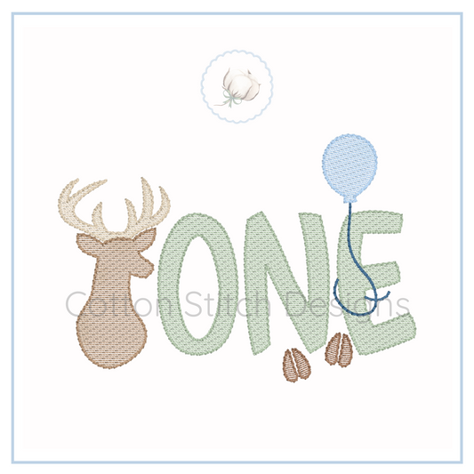 Machine Embroidery design Cotton Stitch Designs Embroidery design with a deer head, the word 'ONE', and a balloon on a white background.