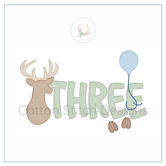 Machine Embroidery design Cotton Stitch Designs Embroidered design with a deer head, 'THREE' text, and a balloon on a white background.