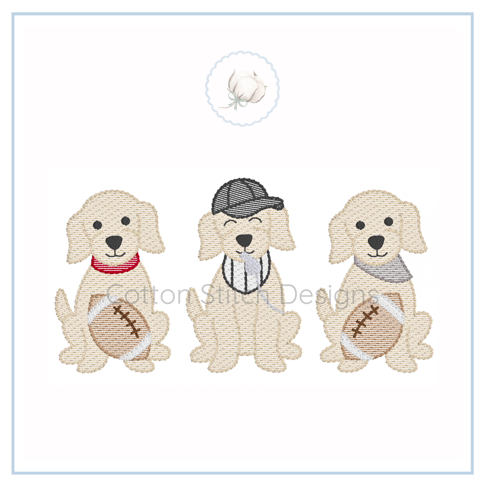 Machine Embroidery design Cotton Stitch Designs Three cartoon dogs with accessories on a white background, featuring the brand 'Cotton Stitch Designs'.