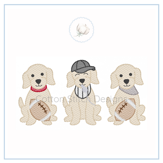 Machine Embroidery design Cotton Stitch Designs Three cartoon dogs with accessories on a white background, featuring the brand 'Cotton Stitch Designs'.