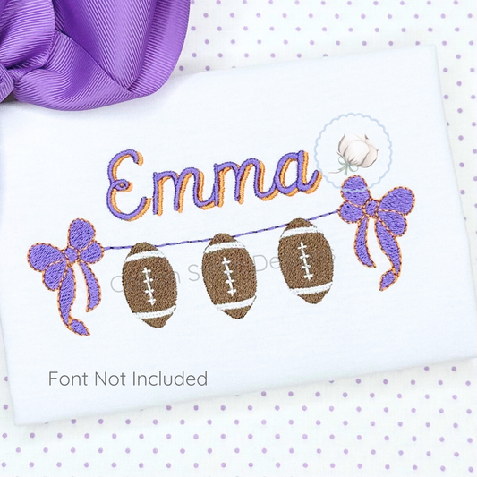 Machine Embroidery design Cotton Stitch Designs Embroidered name 'Emma' with footballs and ribbons on a white background with purple polka dots.