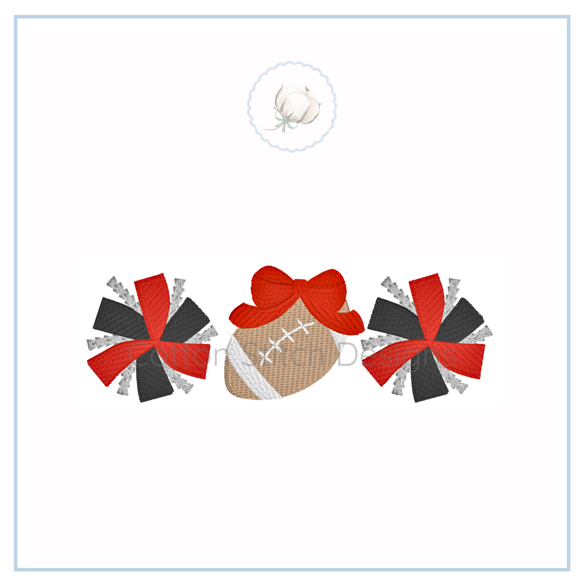 Machine Embroidery design Cotton Stitch Designs Decorative bow on football with red, black, and beige colors on a white background