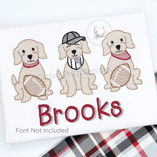 Machine Embroidery design Cotton Stitch Designs Embroidered design of three dogs with the name 'Brooks' on a white background.