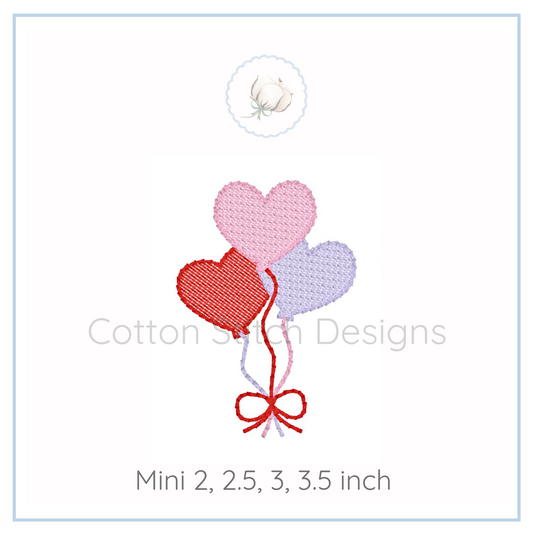 Machine Embroidery design Cotton Stitch Designs Heart-shaped balloons with a bow on a white background, featuring Cotton Stitch Designs branding.