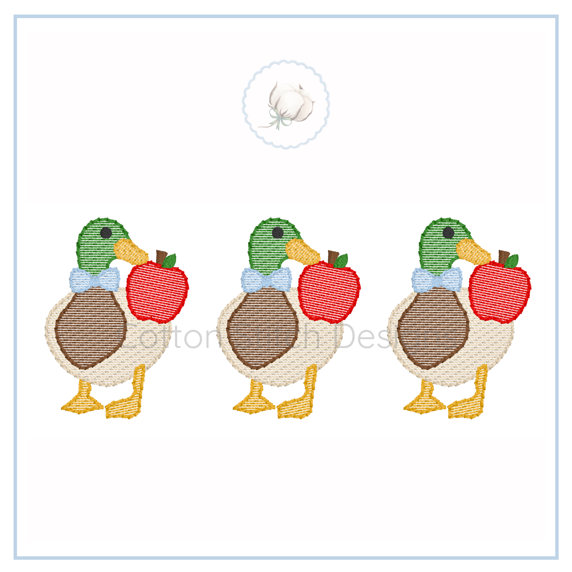 Machine Embroidery design Cotton Stitch Designs Three cartoon ducks holding red apples on a white background