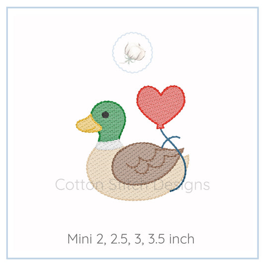 Machine Embroidery design Cotton Stitch Designs Embroidered design of a duck with a heart-shaped balloon on a white background.