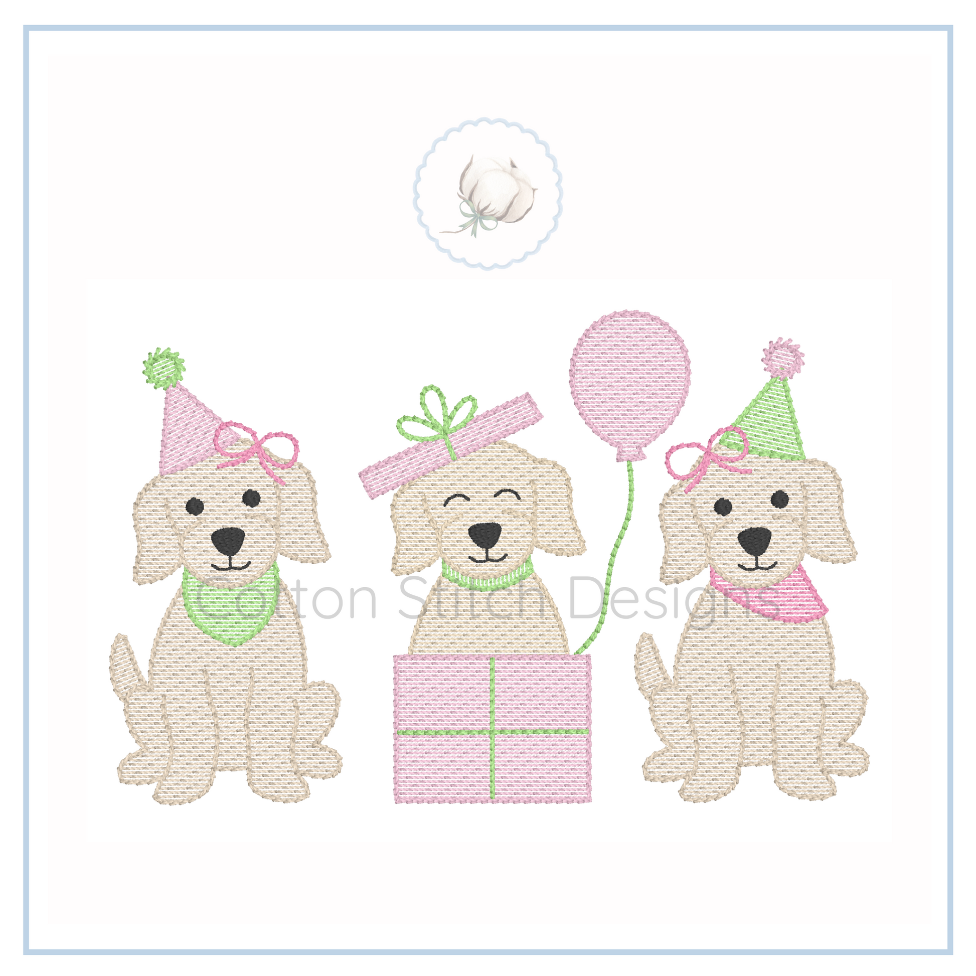 Machine Embroidery design Cotton Stitch Designs Three dogs with party hats and a balloon on a white background