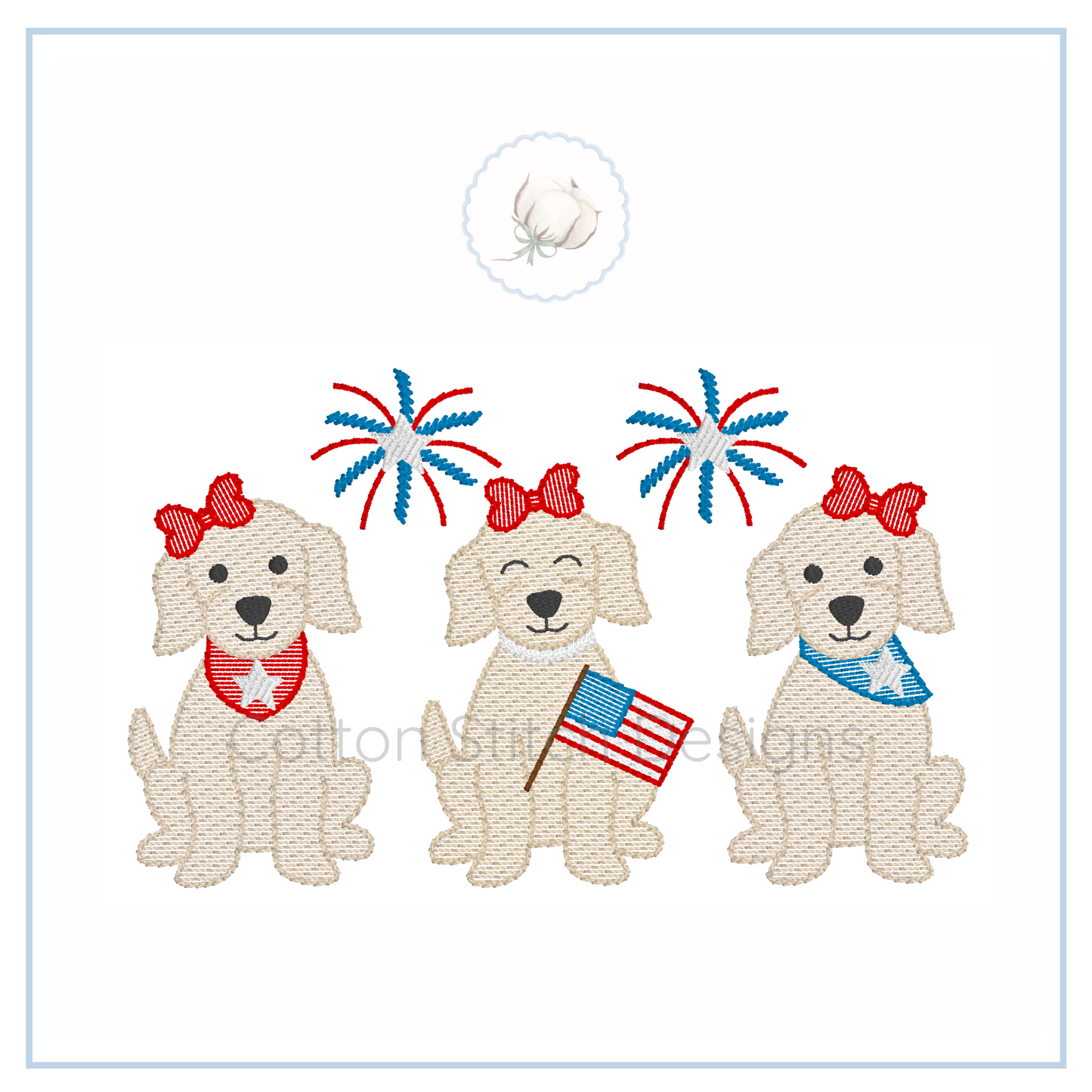 Machine Embroidery design Cotton Stitch Designs Embroidered design of three dogs with red, white, and blue accessories on a white background.