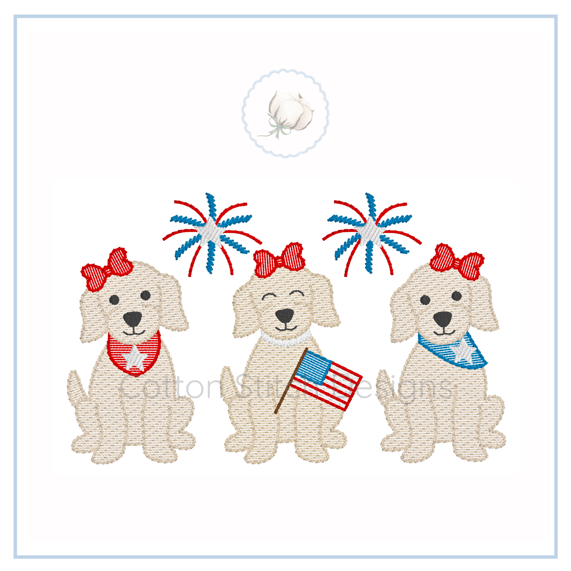 Machine Embroidery design Cotton Stitch Designs Embroidered design of three dogs with red, white, and blue accessories on a white background.
