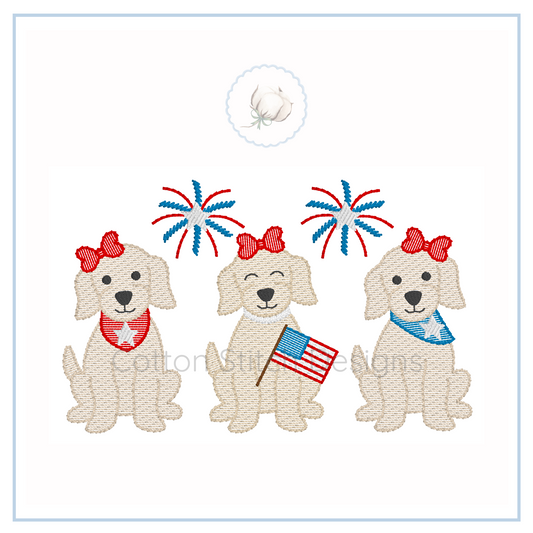Machine Embroidery design Cotton Stitch Designs Embroidered design of three dogs with red, white, and blue accessories on a white background.