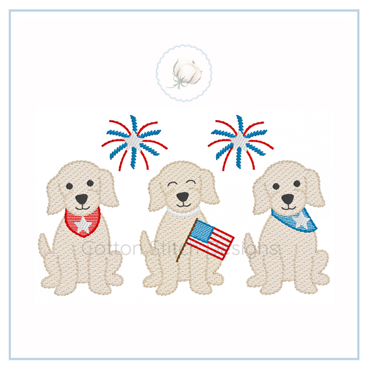 Machine Embroidery design Cotton Stitch Designs Three embroidered dogs with patriotic accessories on a white background