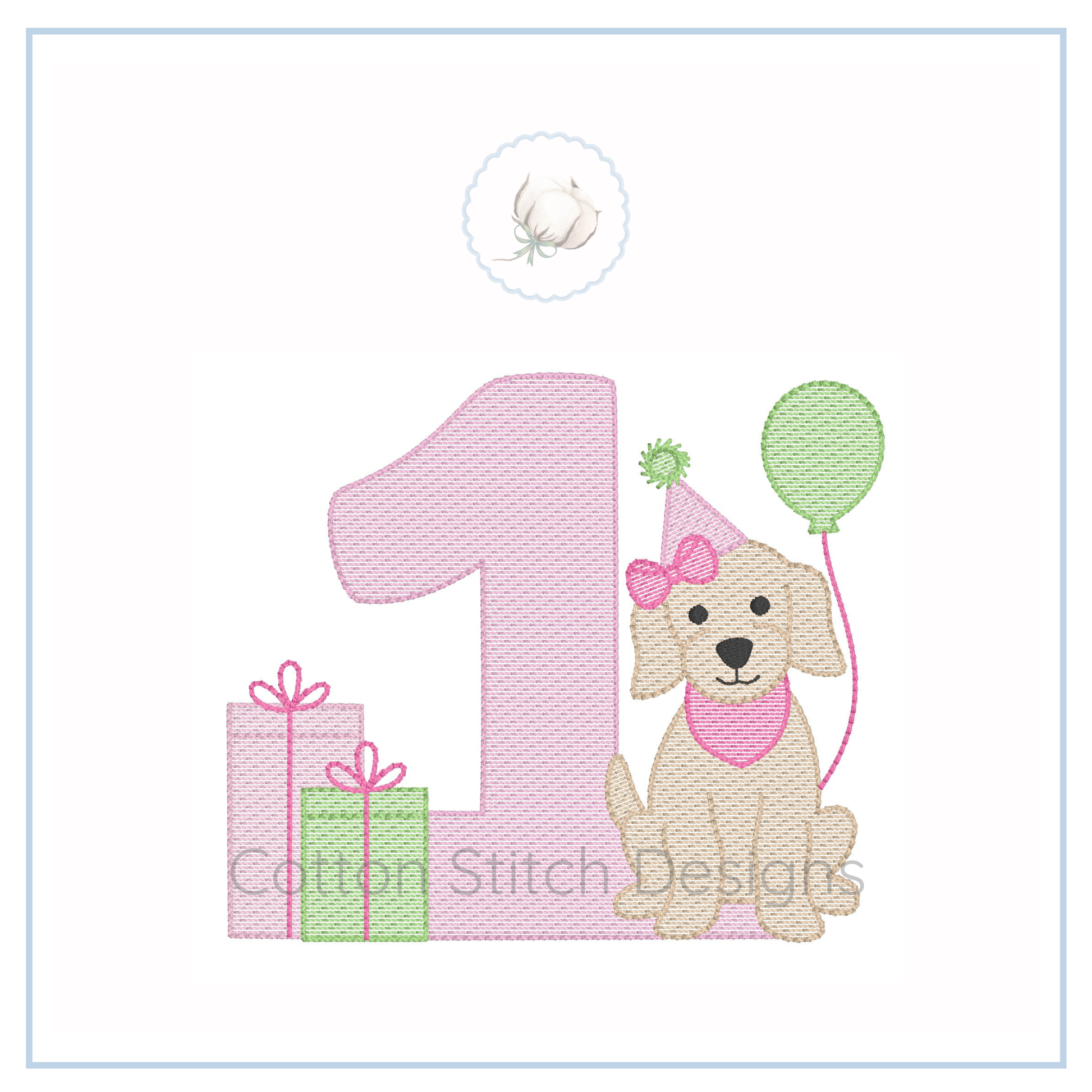 Machine Embroidery design Cotton Stitch Designs dog with a balloon and presents next to the number '1'.