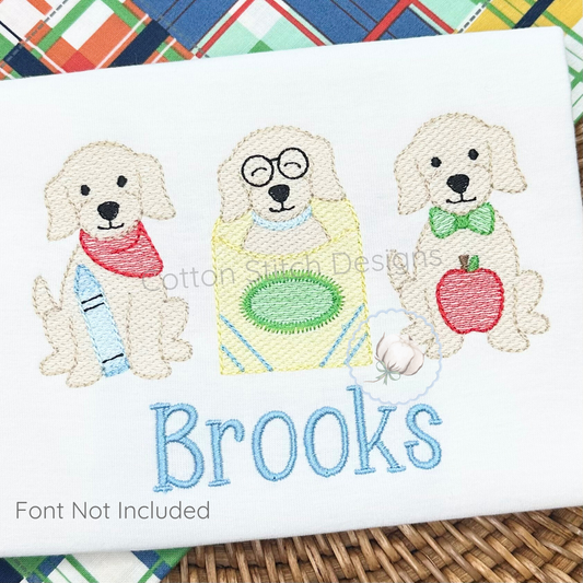 Machine Embroidery design Cotton Stitch Designs Embroidered design of three dogs with accessories and the name 'Brooks' on a white background.